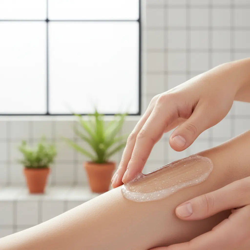 Application du gel de rasage TheUniquora sur la peau pour un rasage doux et efficace dans une ambiance spa.